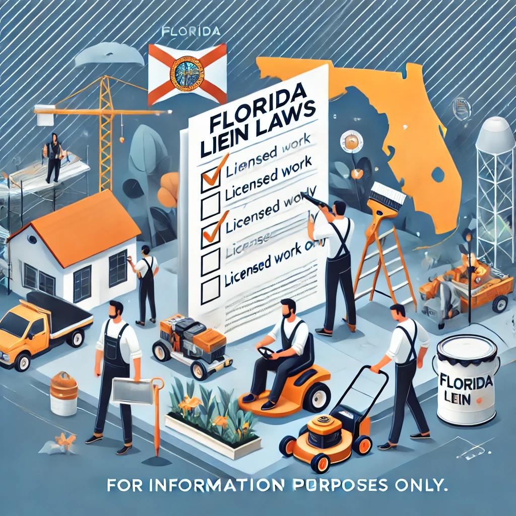 Illustration of Florida construction site with workers performing tasks like painting, cleaning, and lawn work, highlighting activities that don’t require a license under Florida lien laws