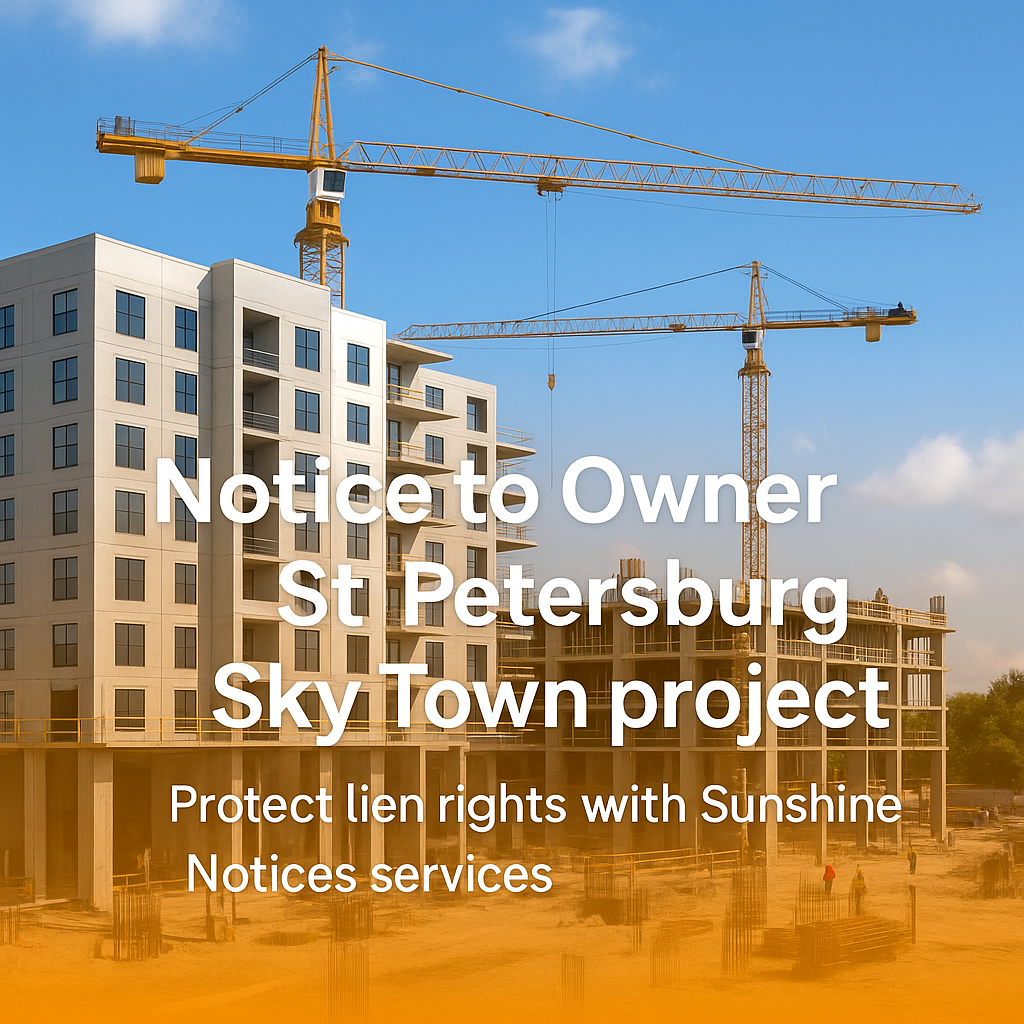 Notice to Owner St. Petersburg Sky Town project — construction site with cranes and new apartments, protect lien rights with Sunshine Notices services.