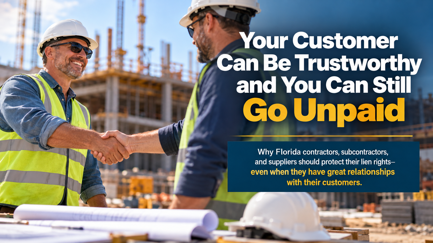 Two Florida construction professionals shaking hands at a jobsite, illustrating why trustworthy customer relationships do not eliminate construction payment risks.